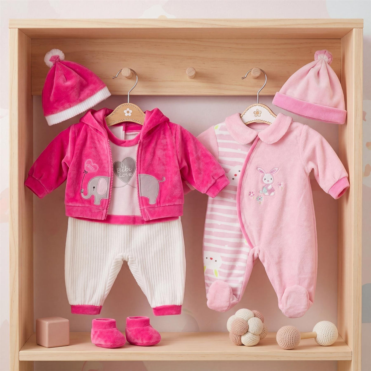 Pink doll outfit set includes elephant jumper, striped romper, and coordinating hats on a wooden shelf.