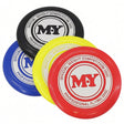 A stack of four colored flying discs: black, blue, yellow, and red.