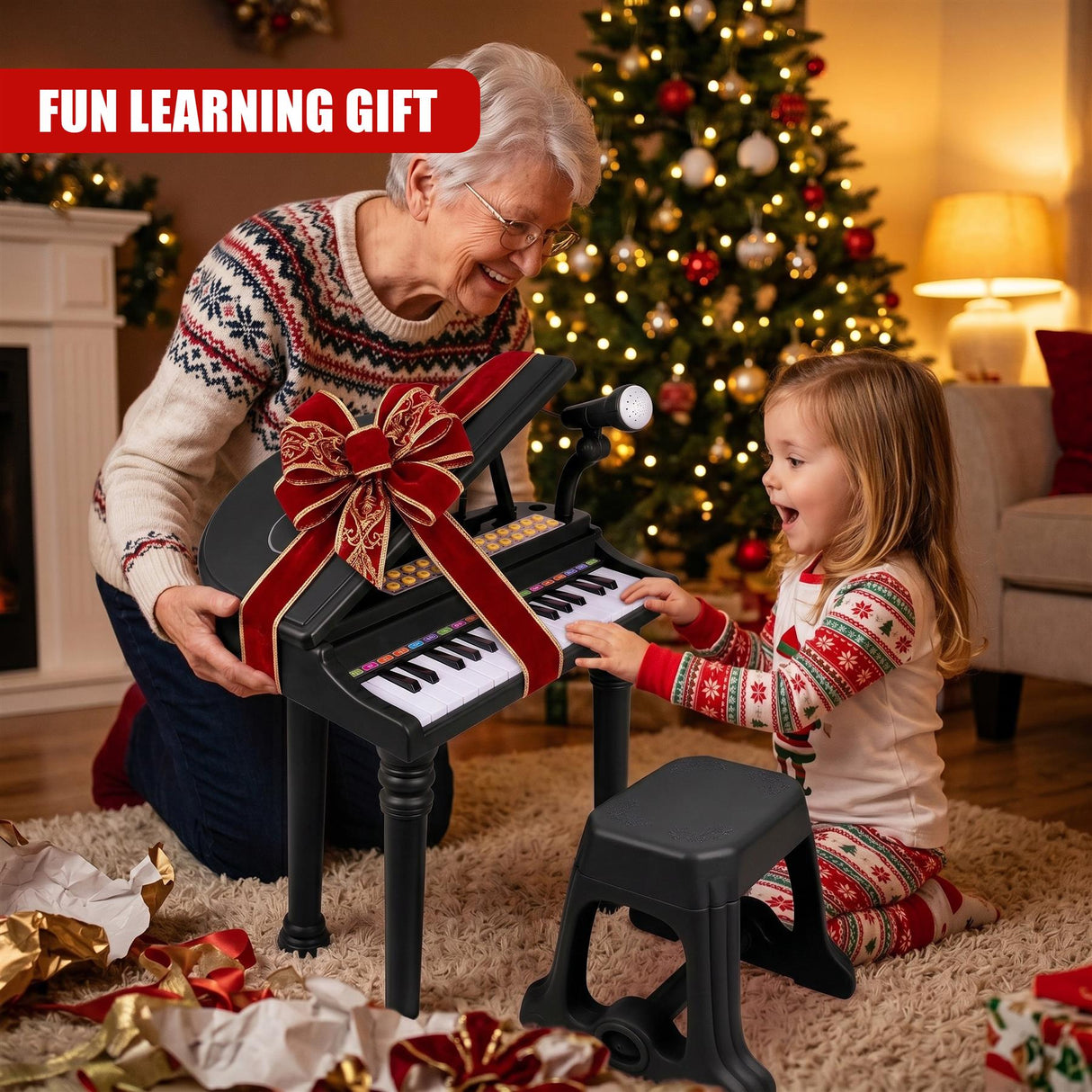 Black Electronic Piano With Microphone and Stool