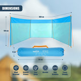 Diagram illustrating the dimensions of a light blue temporary canopy and rolled carrying accessory bag.