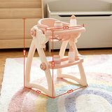 Doll-sized plastic high chair toy with accessories, including bottles and a cup, is displayed.