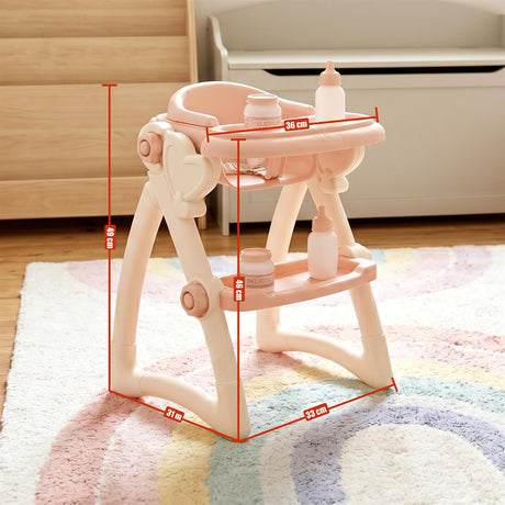 Doll-sized plastic high chair toy with accessories, including bottles and a cup, is displayed.