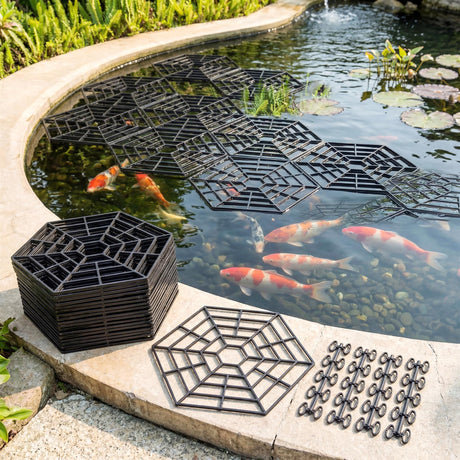 Multiple metal pond grate sections float on water and rest on the curved stone edge.