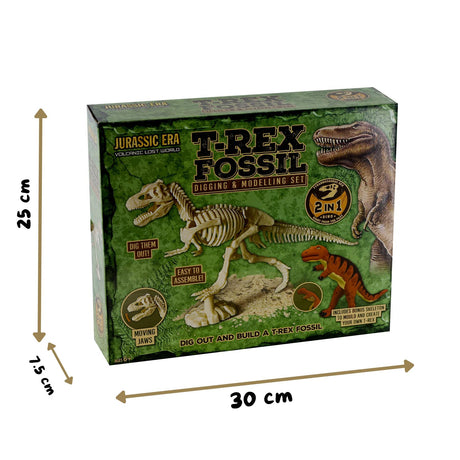 Cardboard box packaging for a T-Rex fossil digging and assembling model kit.