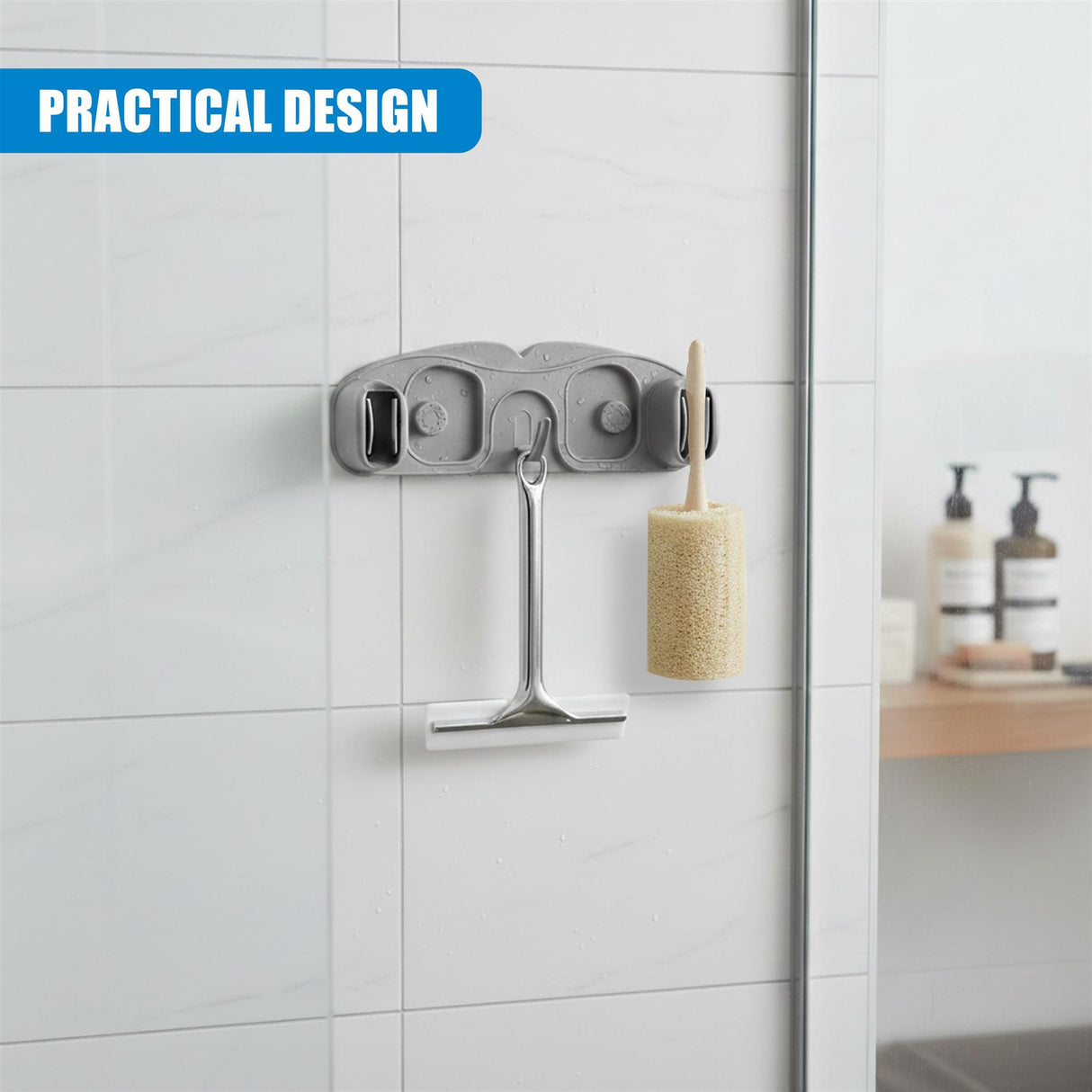 Wall-mounted gray holder designed for storing a mop and scrubbing brush unit.