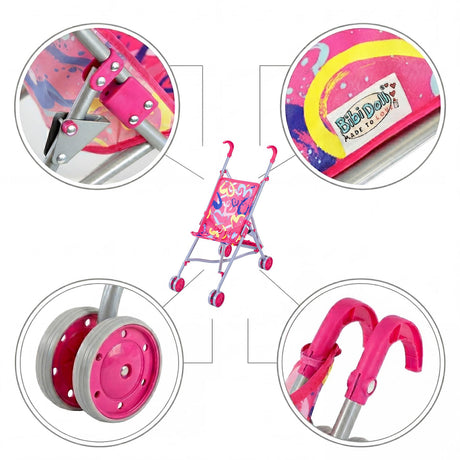 A pink doll buggy set showing wheels, handles, and yellow and pink fabric accessories.