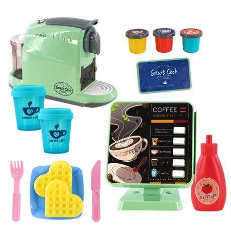 A play kitchen set with a green coffee machine, a blue coffee cup, a plate with waffles, a knife, a fork, a ketchup bottle, and a coffee menu. - UKBuyZone