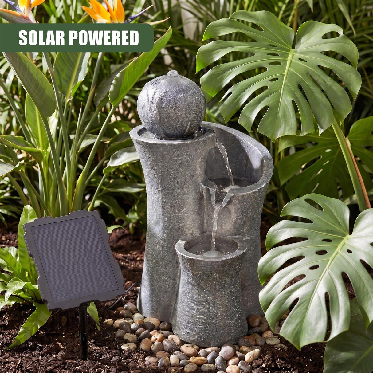 Solar Water Feature with Sphere on Top & LED Lights