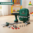 A child's toy workbench with a green tool bag, a power drill, and various toy tools and parts. - UKBuyZone