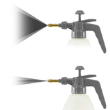 These are two images of the same garden spray bottle with different views: one showcases a side view with the nozzle pointed forward, and the other presents a frontal view emphasizing the nozzle function.