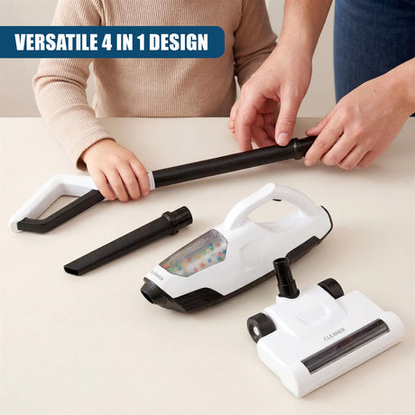 Vacuum cleaner set with multiple attachments: wand, crevice tool, handheld unit, and flat floor cleaner.