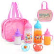 Pink carrier bag with baby feeder set, including multiple bottles, pacifiers, and teether toy.