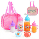 Pink carrier bag with baby feeder set, including multiple bottles, pacifiers, and teether toy.