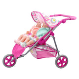 Twin doll pushchair with pink canopy, two dolls seated inside, and storage basket.