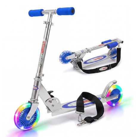 Blue metal kick scooter featuring blue handlebars and multi-colored wheels.