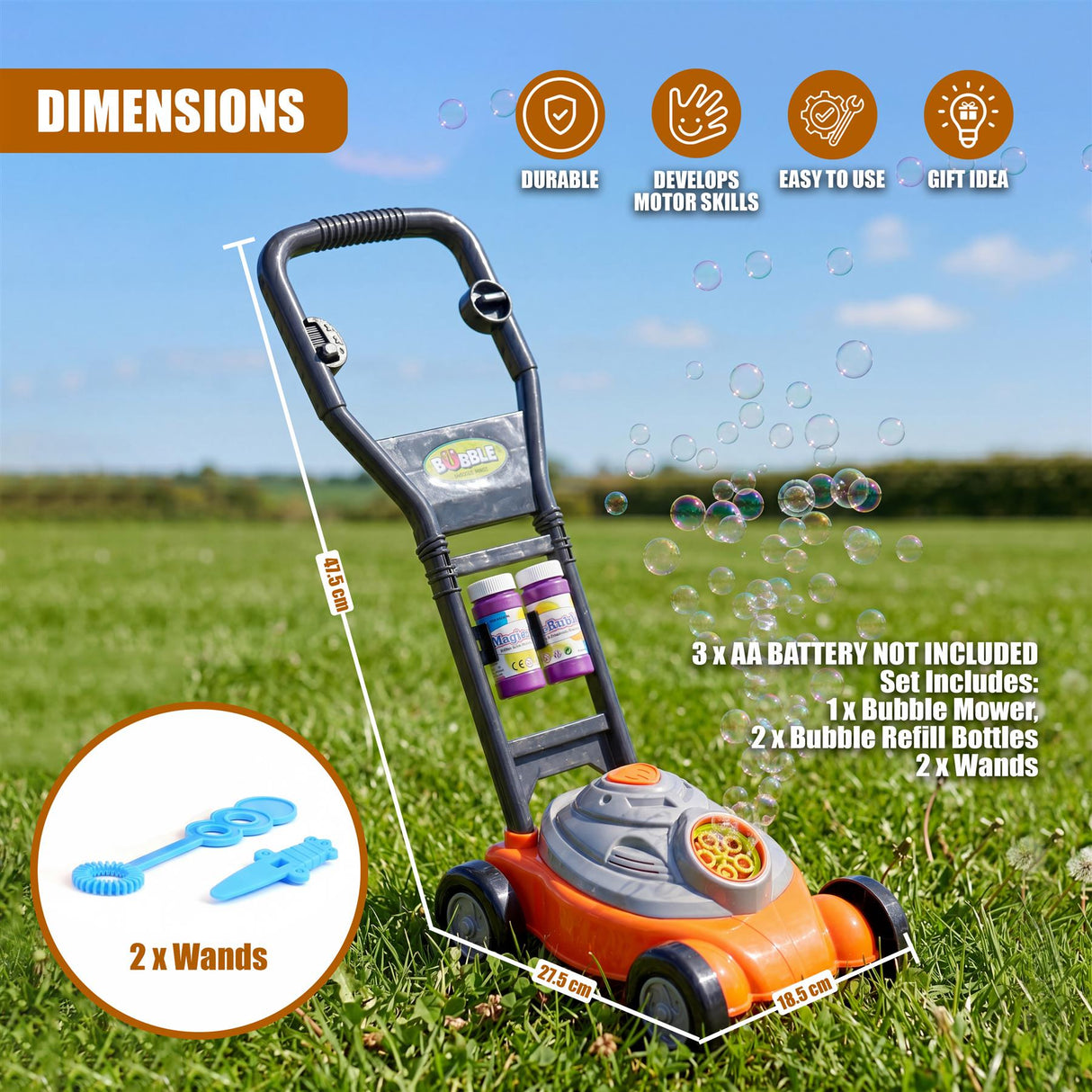 An assembled bubble mower toy features a handlebar, wheeled body, and multiple accessories.