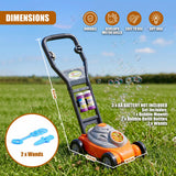 An assembled bubble mower toy features a handlebar, wheeled body, and multiple accessories.
