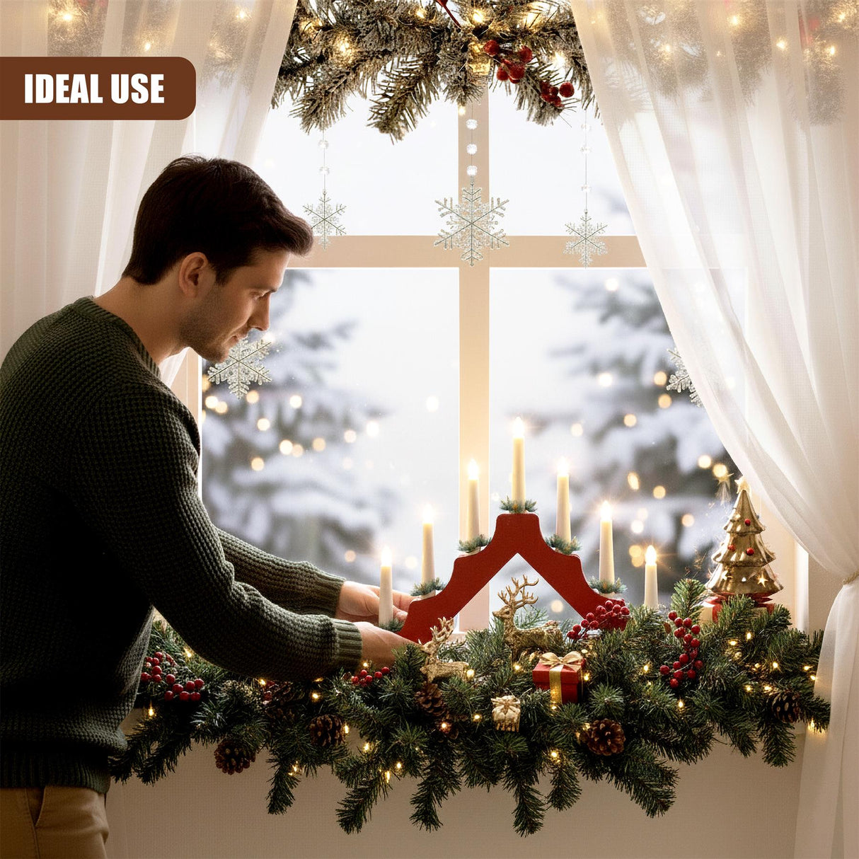 Red Wooden Candle Bridge with 7 LED Lights