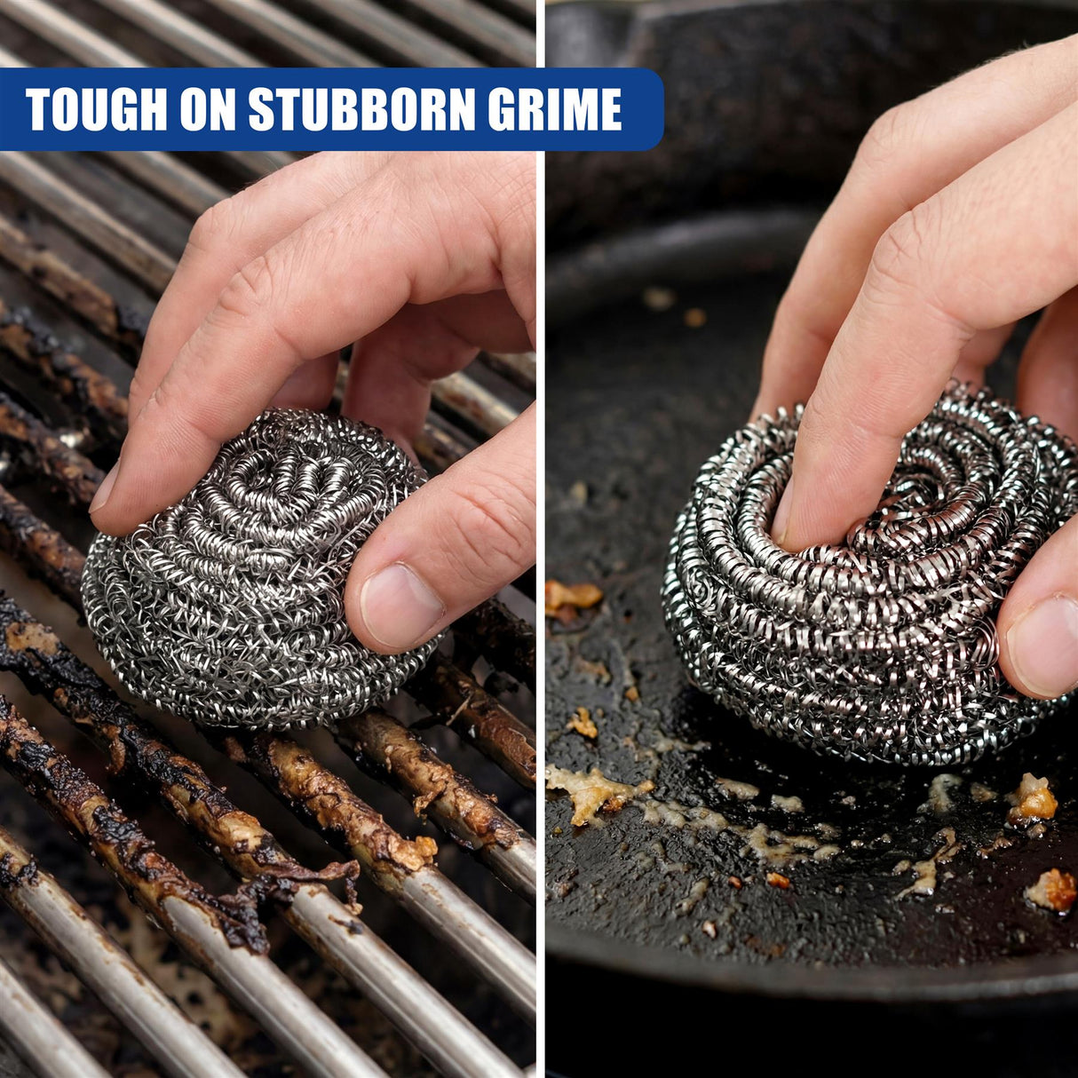 A person uses a metallic scrubber on burnt residue on a grate and a dark cooking surface.