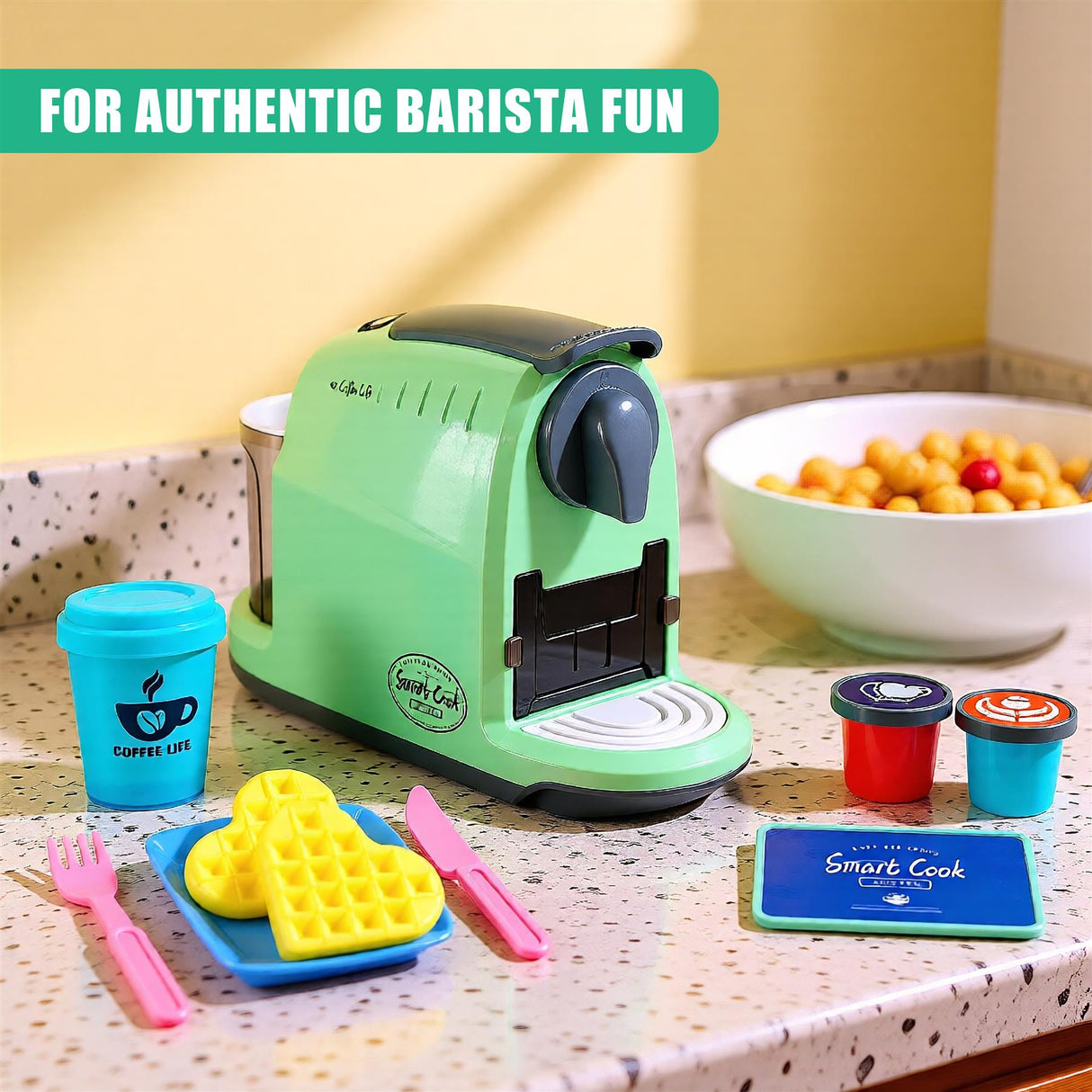 A toy coffee machine with a built-in milk container, a coffee cup, a plate with a waffle and a knife, and a coffee bean container. - UKBuyZone