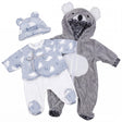 A polar bear stuffed doll accessory set includes a hat and coordinating light blue clothing.