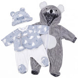 A polar bear stuffed doll accessory set includes a hat and coordinating light blue clothing.