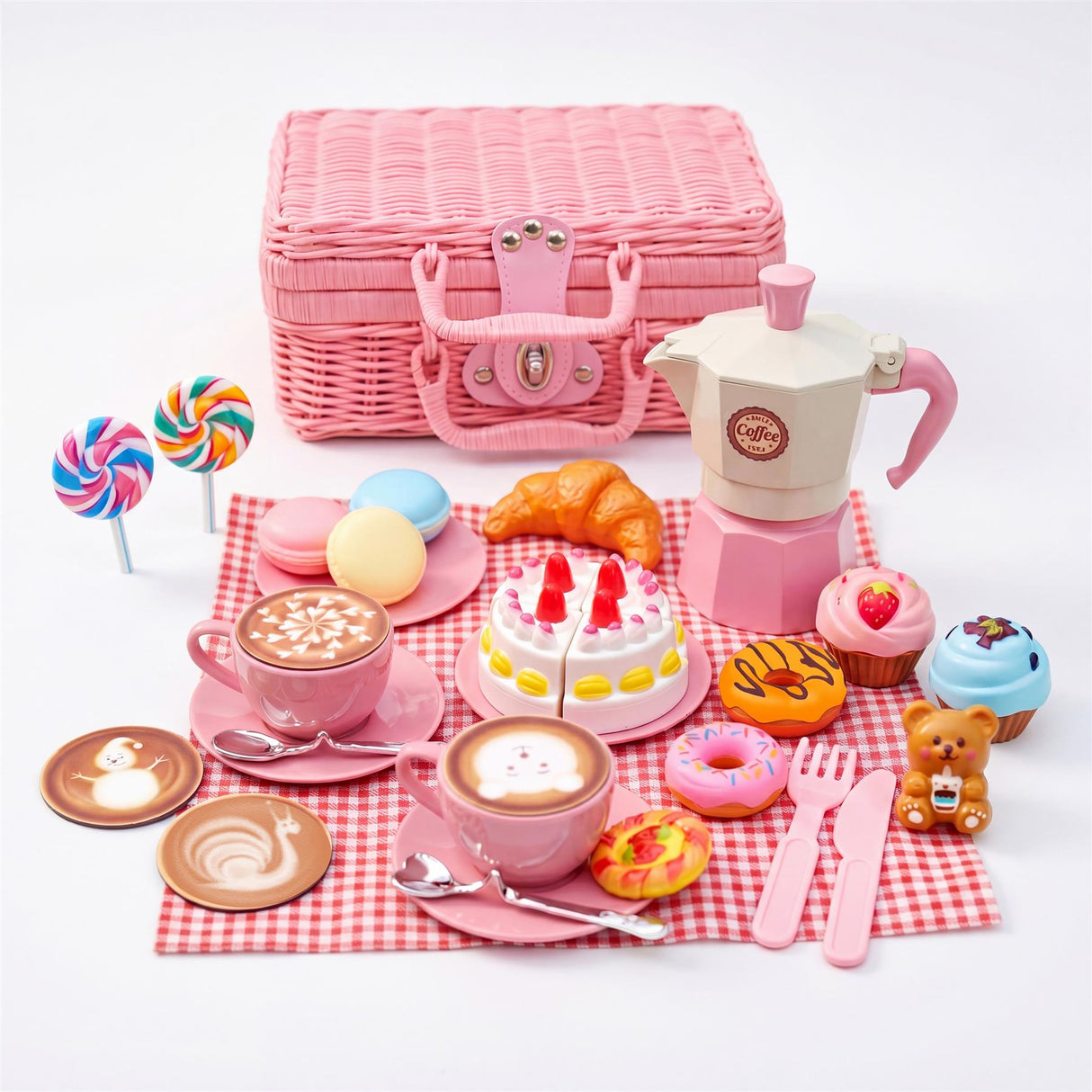 A tea party set including a picnic basket, teapot, teacups, miniature treats, and a teddy bear.