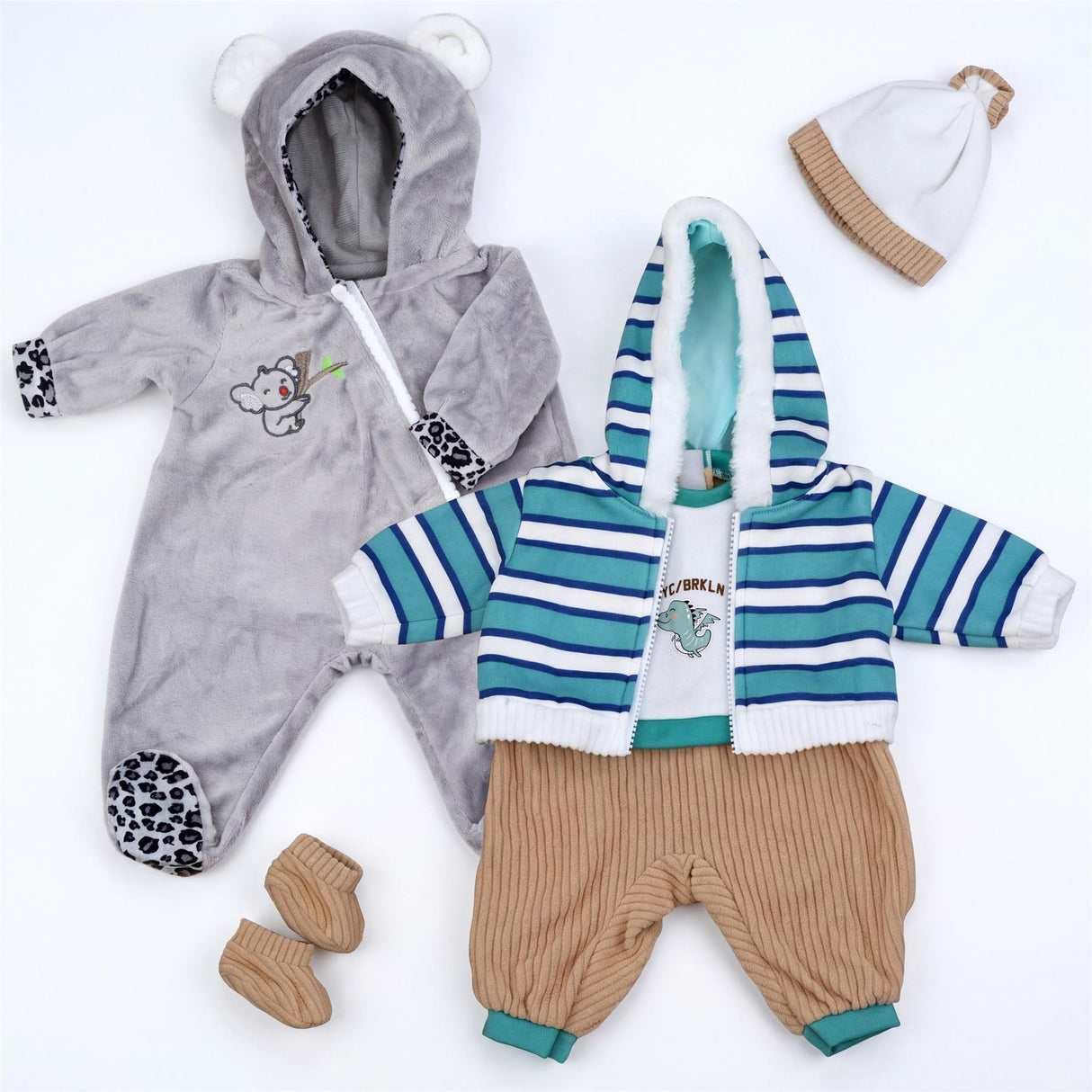 Doll clothes set: gray koala sleeper, striped blue top and pants, white hat, and pair of booties.
