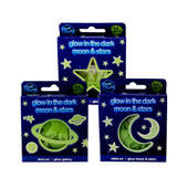 A set of glow-in-the-dark stickers featuring various shapes and designs, including stars, moons, and planets. The stickers are packaged in a box with a dark blue and starry night sky design, and the box itself is shaped like a star. - UKBuyZone