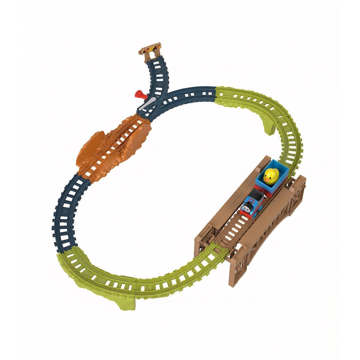 Modular toy train track set with curved green and blue segments and a brown cargo wagon.