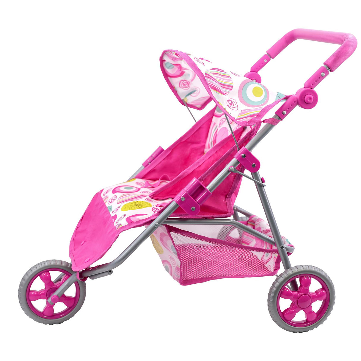 Pink, three-wheeled doll stroller with a basket, patterned seat, and canopy for play.