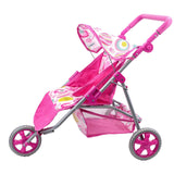 Pink, three-wheeled doll stroller with a basket, patterned seat, and canopy for play.