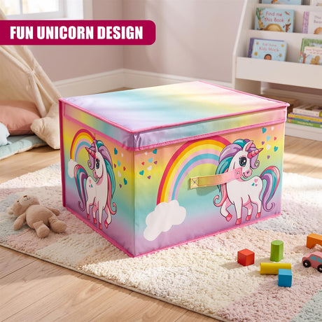 Rainbow Unicorn Storage Box from The Magic Toy Shop sits on a rug surrounded by toys and books in a child's room