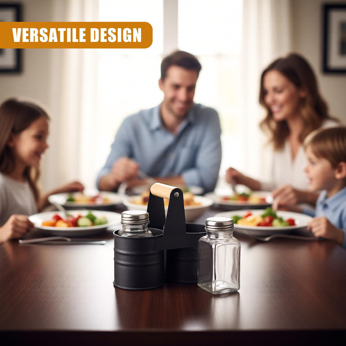 A black metal condiment caddy with a wooden handle, containing three glass bottles with metal lids, on a wooden table with a family having a meal in the background. - UKBuyZone