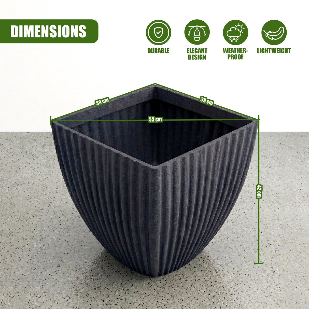 A charcoal black square planter features vertical fluting and measures 53 cm by 42 cm.