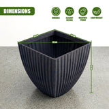 A charcoal black square planter features vertical fluting and measures 53 cm by 42 cm.