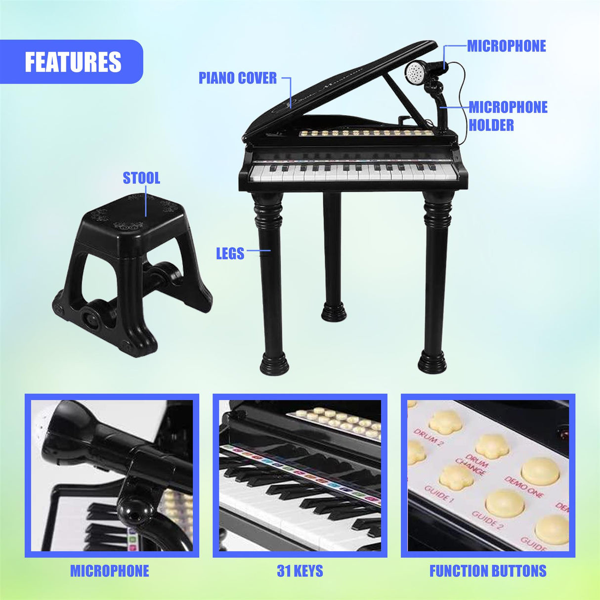 Black Electronic Piano With Microphone and Stool