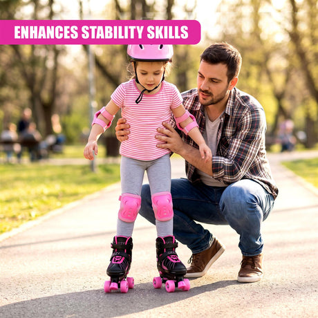 A man helping a young girl wearing black and pink quad roller skates on a path in a park
