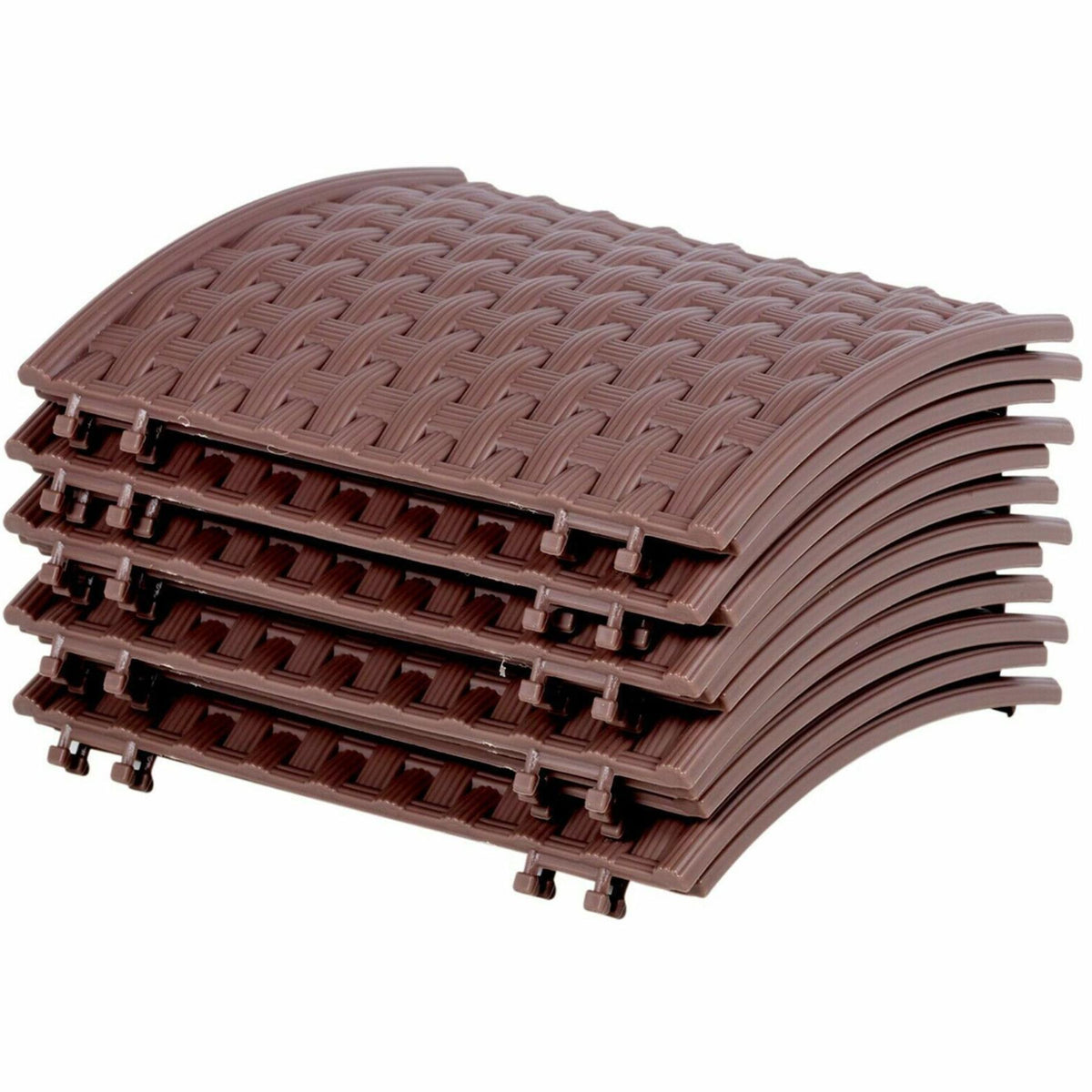 A stack of brown plastic Christmas tree skirt panels featuring a woven texture and interlocking edges