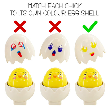 Three puzzles demonstrate matching small chicks to their corresponding colored egg shells.
