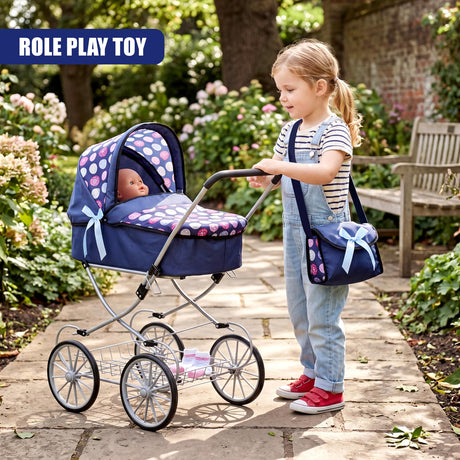 Girl standing outdoors with a blue toy pram containing a baby doll in a garden.