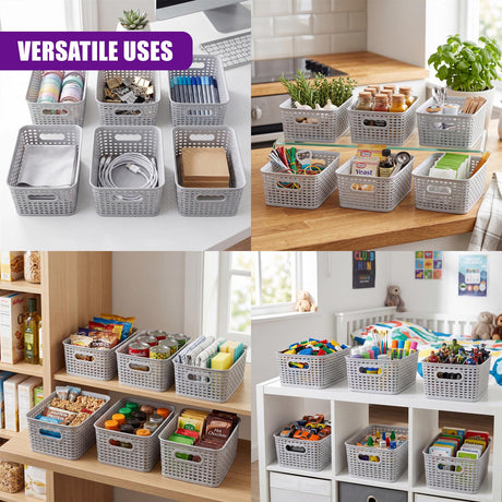 Customizable gray plastic baskets organizing kitchen supplies, tools, and craft materials on various shelves.