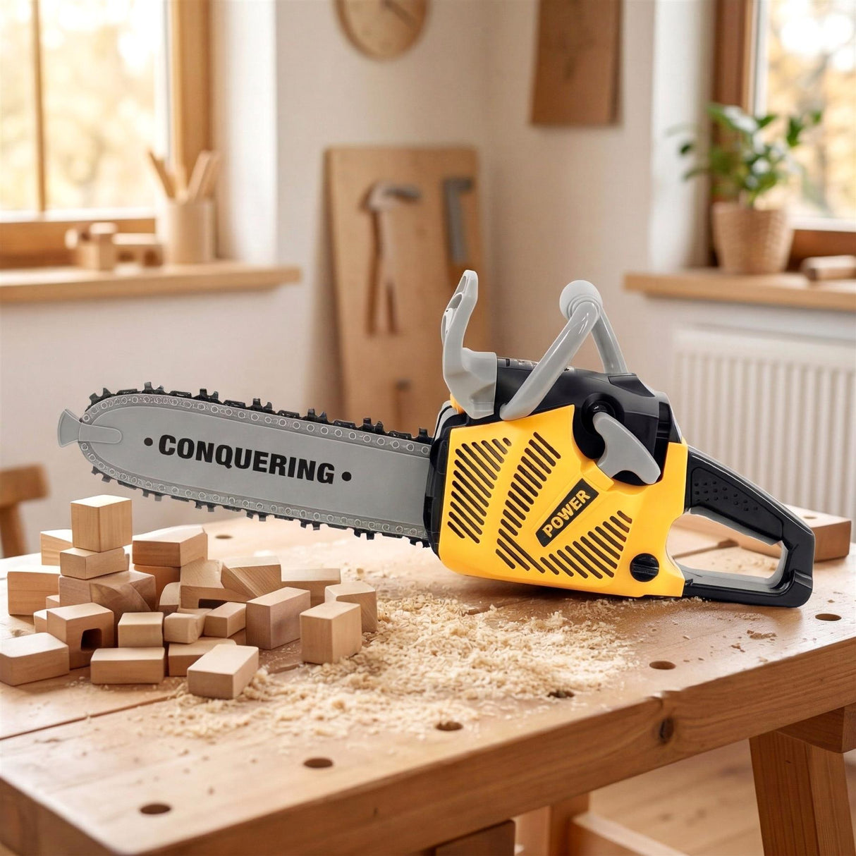 Yellow toy chainsaw resting on a wooden table with stacked wooden blocks and sawdust.