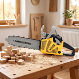 Yellow toy chainsaw resting on a wooden table with stacked wooden blocks and sawdust.