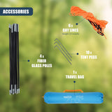 Camping accessories set featuring poles, tent pegs, ropes, and blue carrying bag.