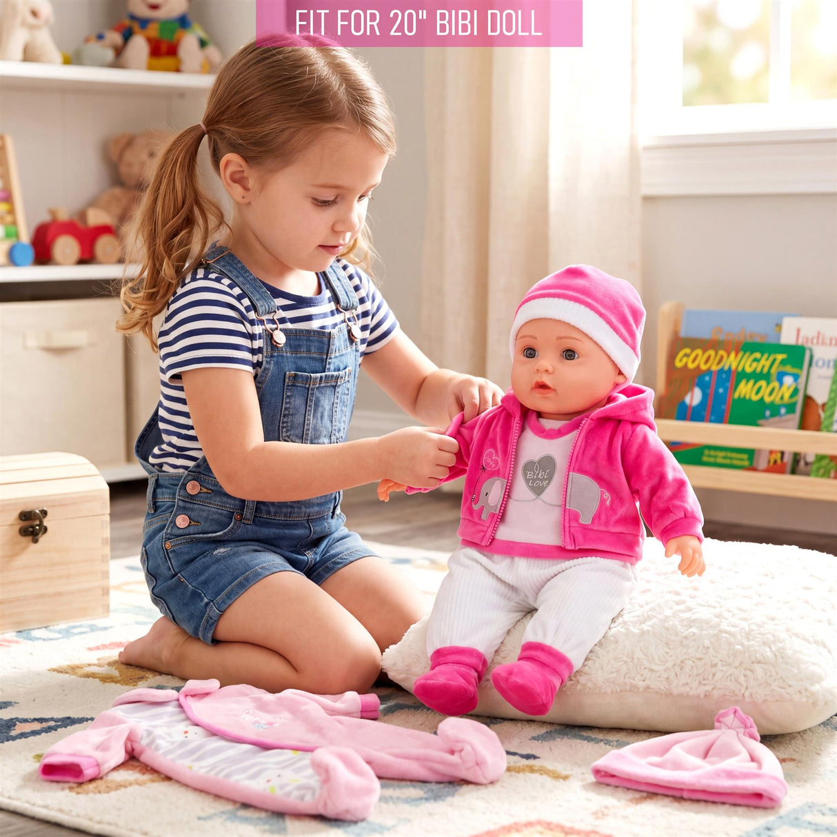Multiple pink clothing items and a fully dressed doll for a 20-inch doll.