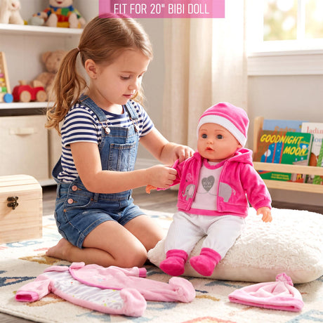 Multiple pink clothing items and a fully dressed doll for a 20-inch doll.