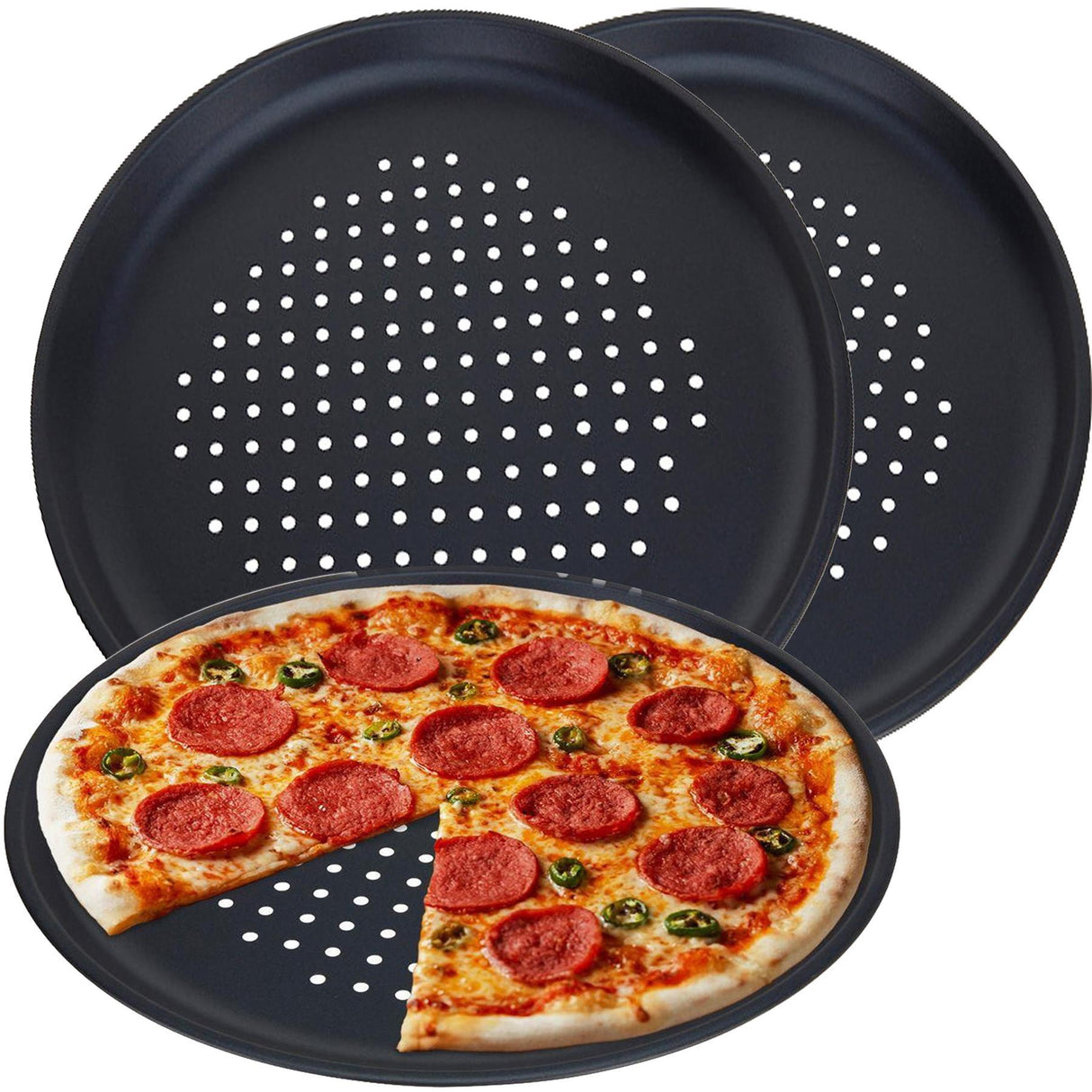 "Pizza tray set: Includes a standard and two perforated trays, perfect for crispy pizza." - UKBuyZone