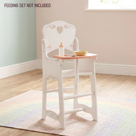White wooden doll high chair and attached table with a miniature crib play set.