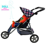 Blue three-wheeled doll stroller with two seating sections and an undercarriage storage basket.